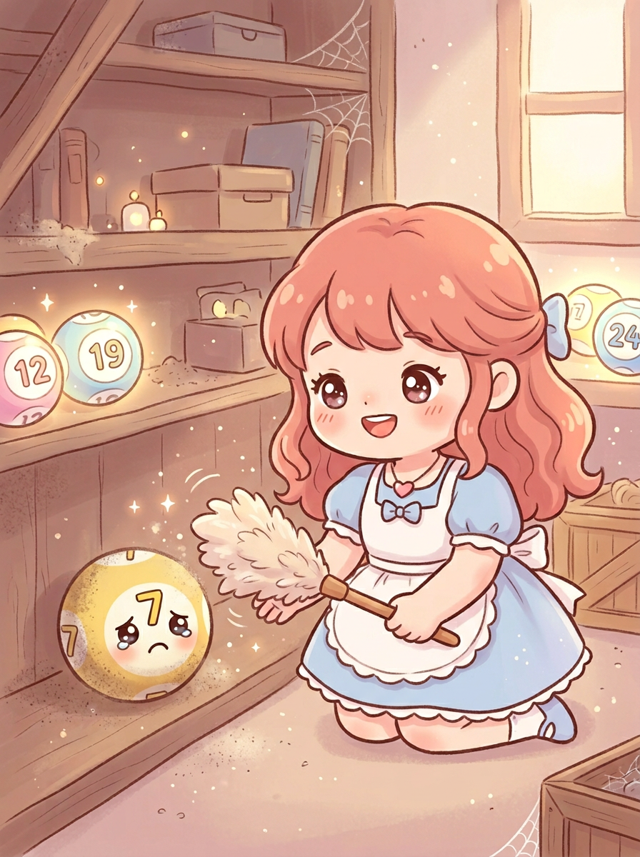 먼지 쌓인 미출현 로또 공을 닦아주는 다정한 귀여운 캐릭터