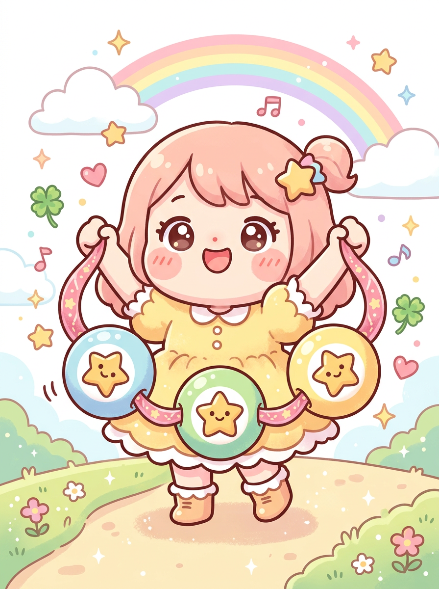 동일한 무늬의 로또 공들을 리본으로 연결하며 기뻐하는 귀여운 캐릭터