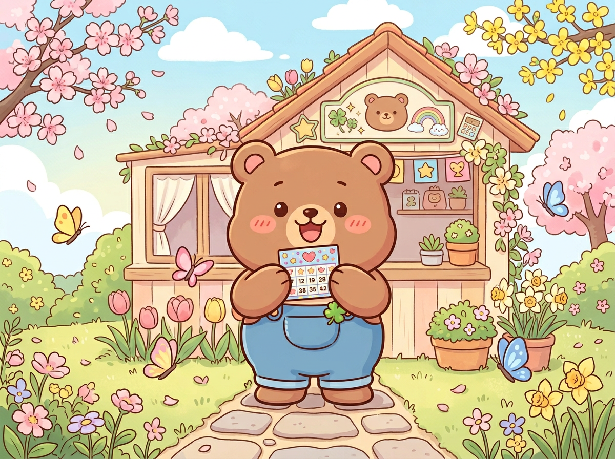 봄꽃이 피어난 로또 명당에서 복권을 들고 있는 귀여운 곰돌이 캐릭터