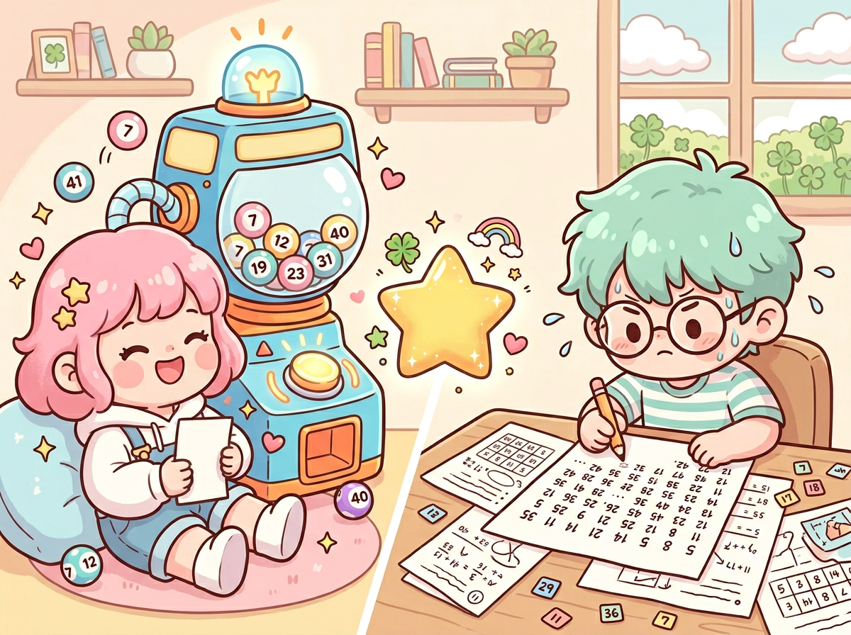 로또 자동과 수동 구매 방식을 보여주는 귀여운 캐릭터