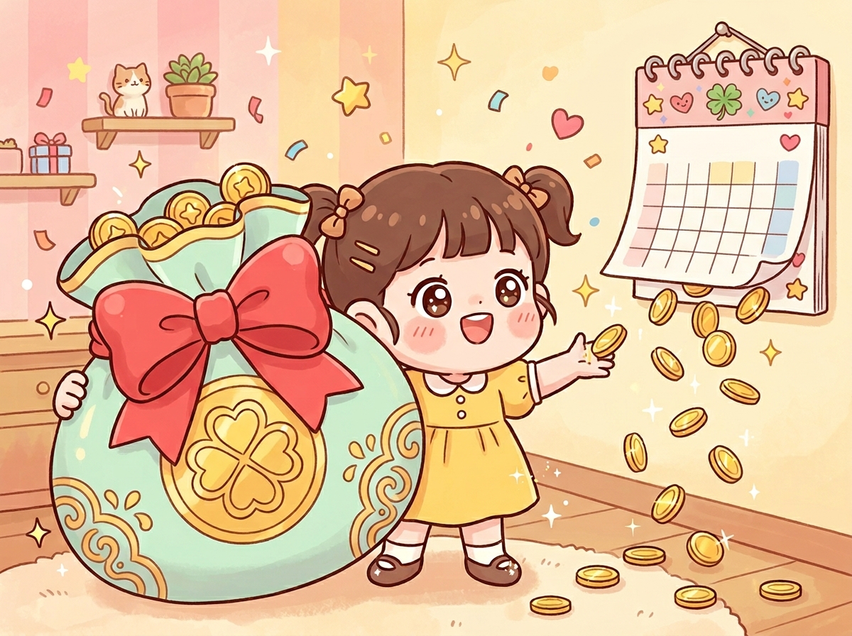 일시불 돈주머니와 매달 나오는 연금 동전 사이에서 즐거워하는 캐릭터