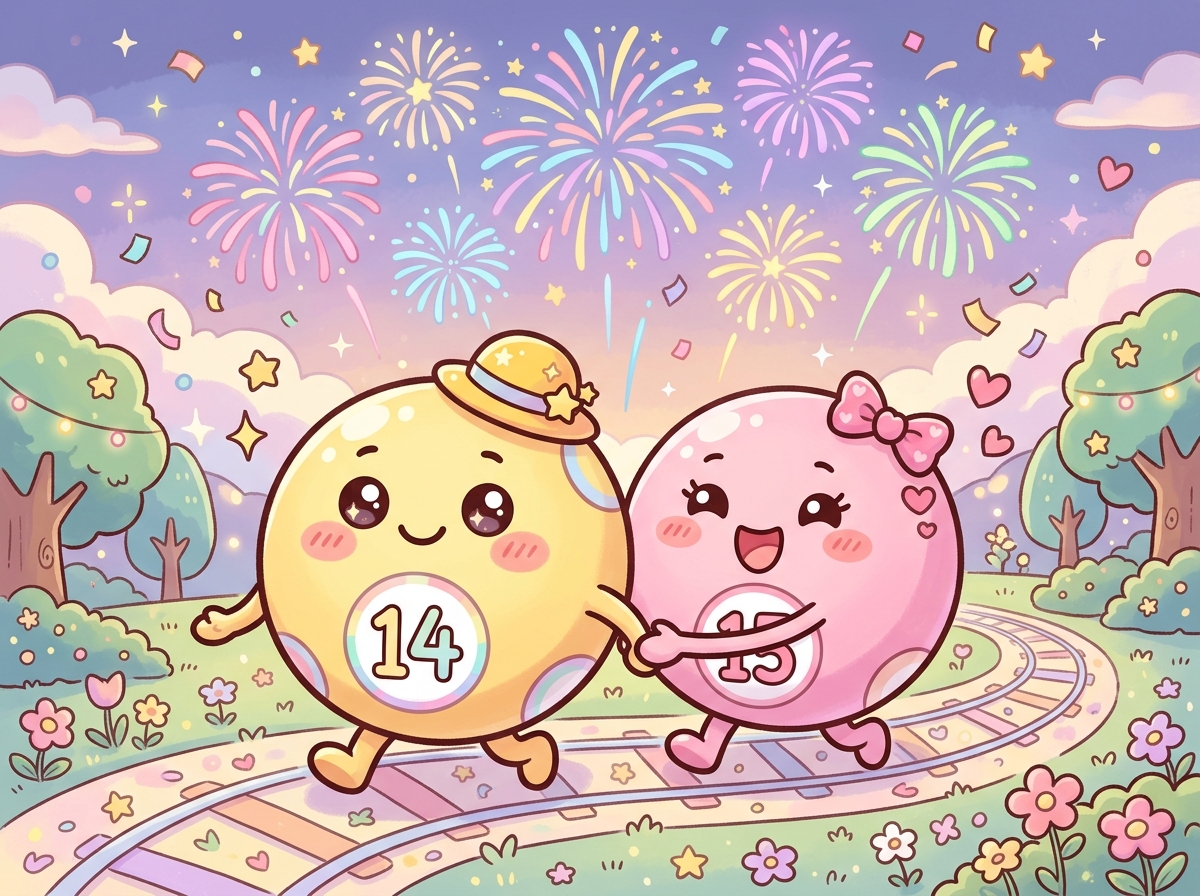 로또 연속번호를 상징하는 어깨동무한 로또 공 캐릭터 일러스트