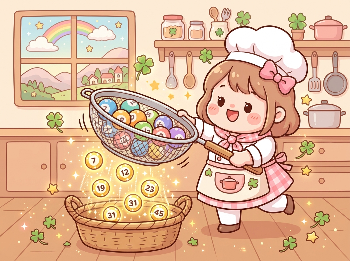 거름망으로 로또 번호를 필터링하는 귀여운 SD 요리사 캐릭터