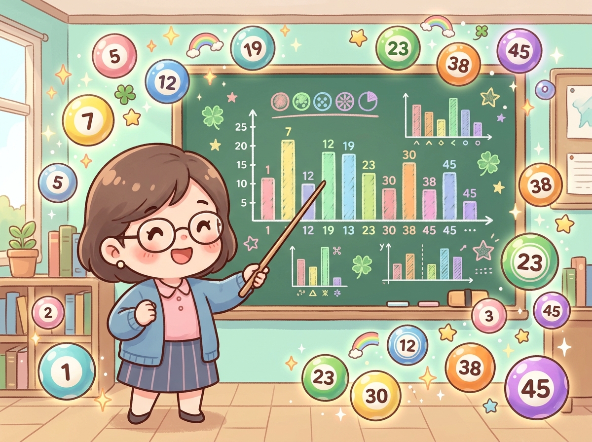 칠판 앞에서 로또 통계를 가르치는 귀여운 SD 선생님 캐릭터