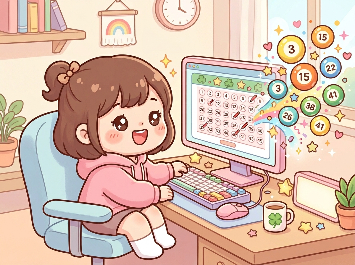 온라인으로 로또 번호를 선택하고 있는 귀여운 SD 캐릭터