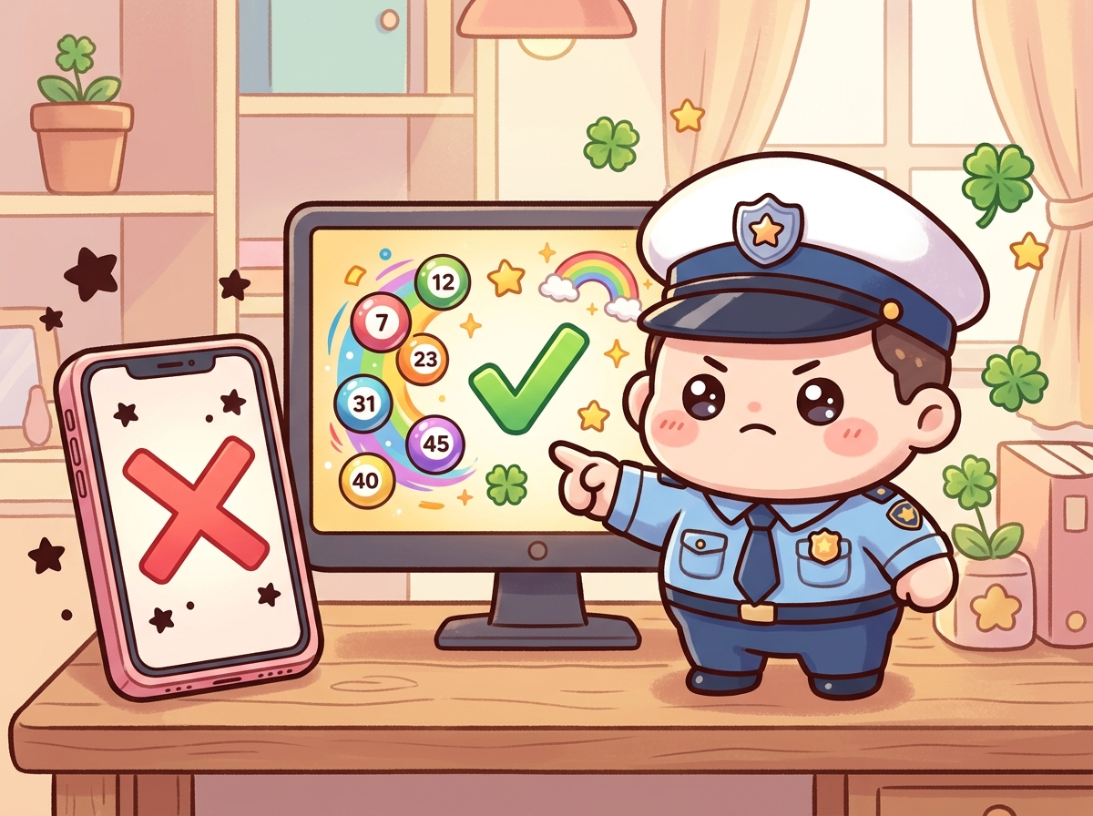 로또 모바일 구매 제한과 PC 구매를 안내하는 귀여운 경찰 캐릭터