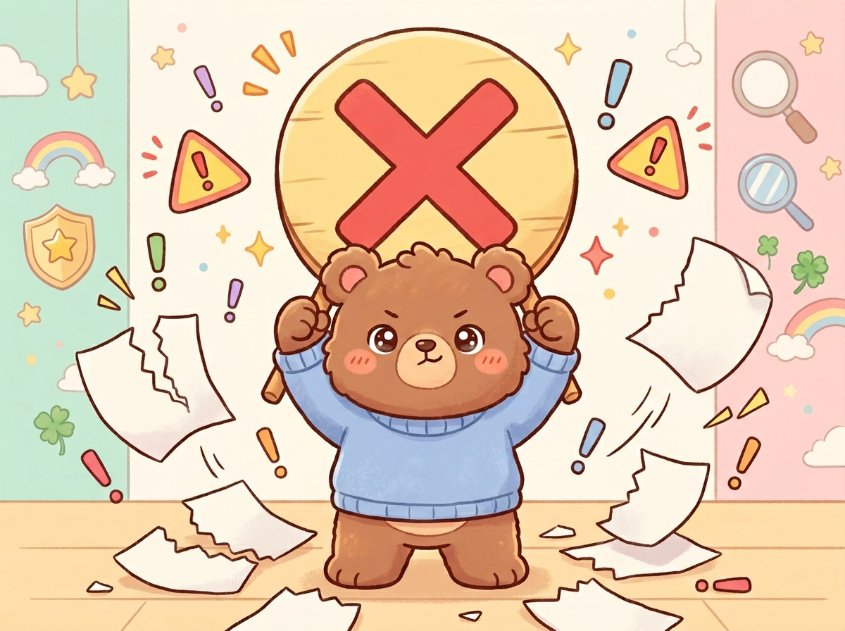 과장 광고 계약서를 거절하며 엑스 팻말을 든 귀여운 곰돌이 캐릭터