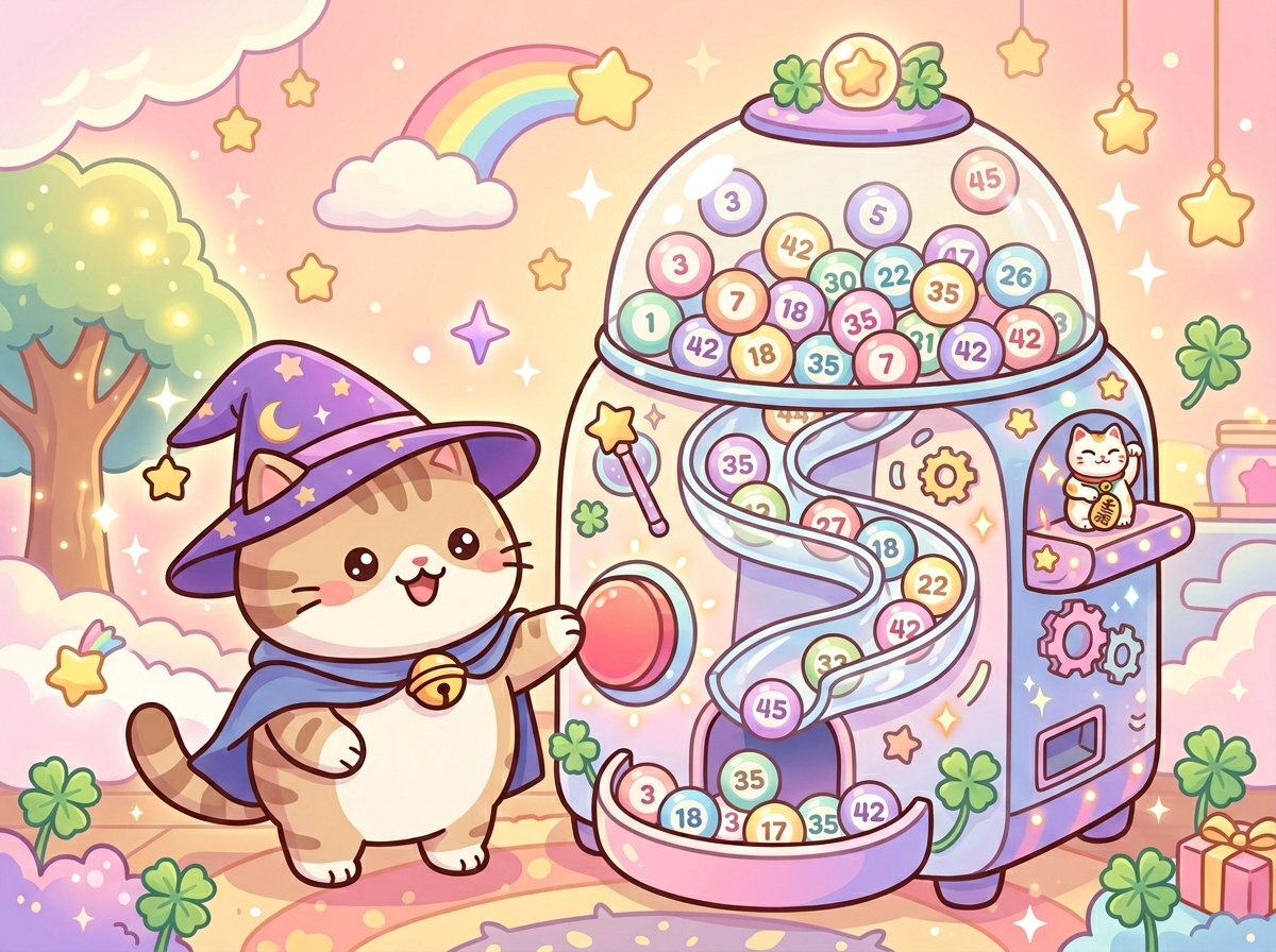 로또 알고리즘 자판기를 작동시키는 귀여운 마법사 고양이 캐릭터