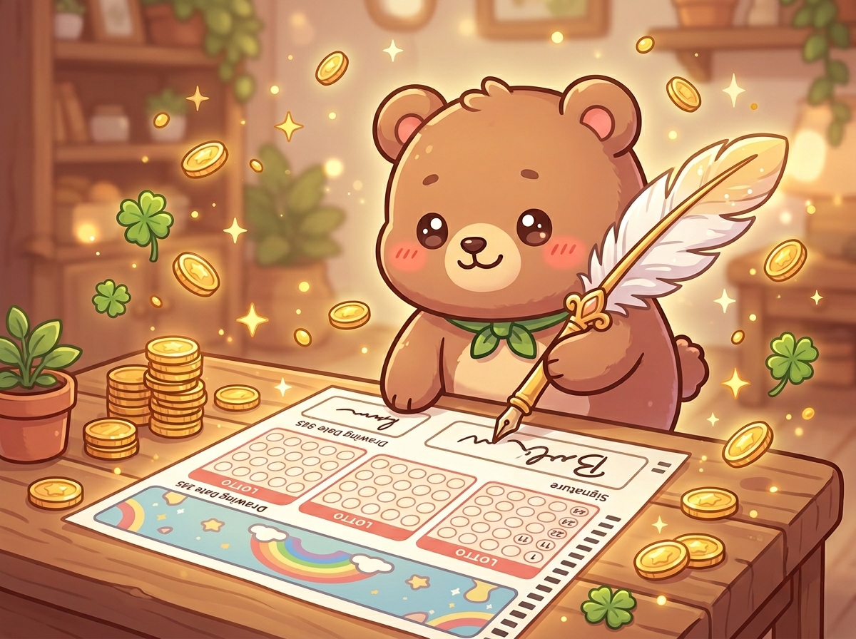 로또 용지 뒷면에 서명하며 환하게 웃는 캐릭터