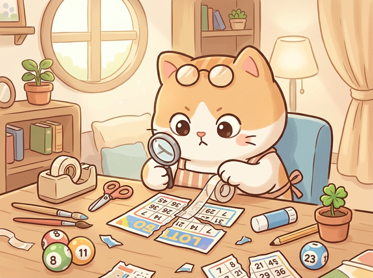 찢어진 로또 용지를 테이프로 정성껏 붙이는 캐릭터