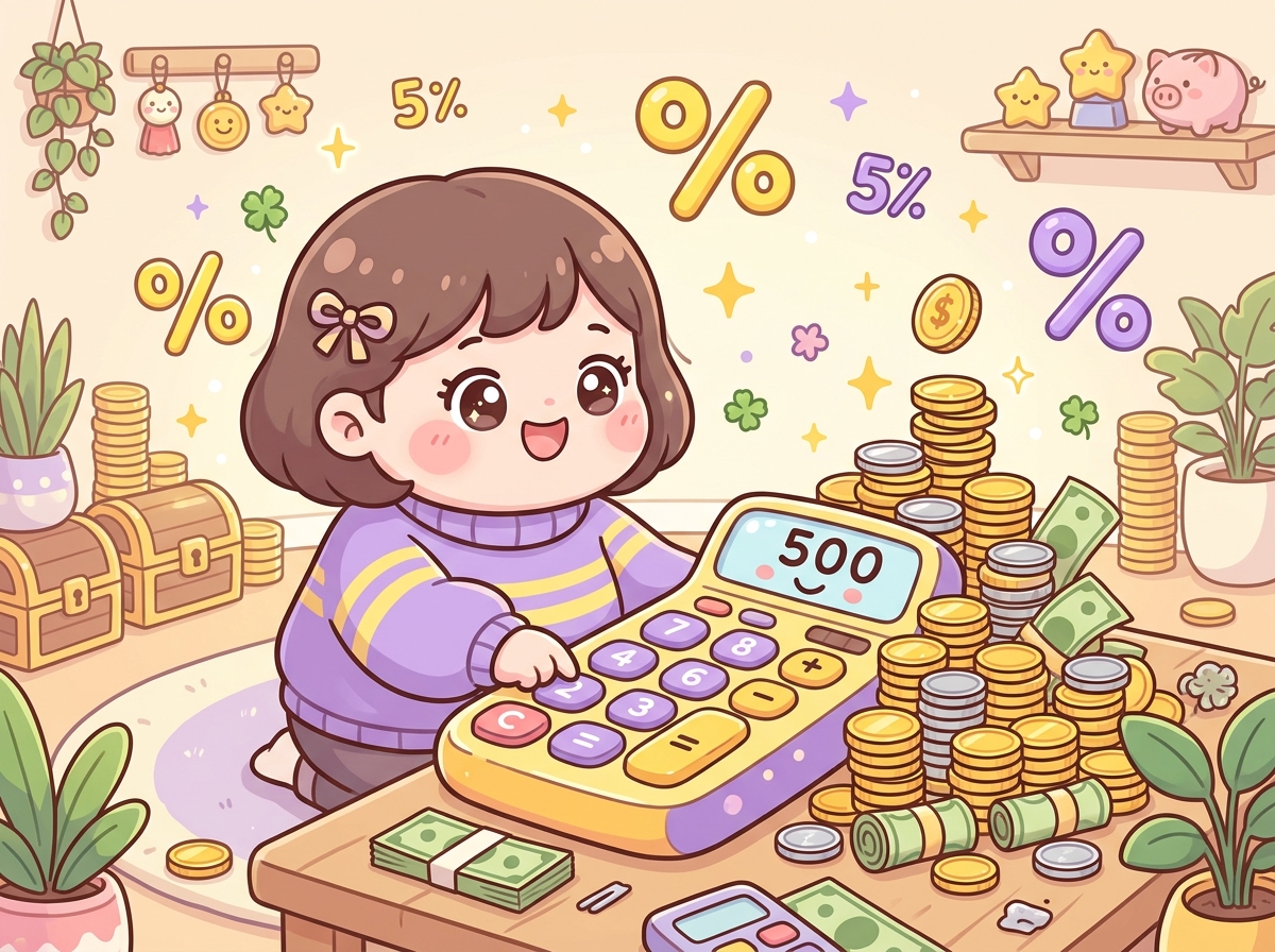 계산기를 두드리며 수익을 즐겁게 계산하는 귀여운 SD 캐릭터