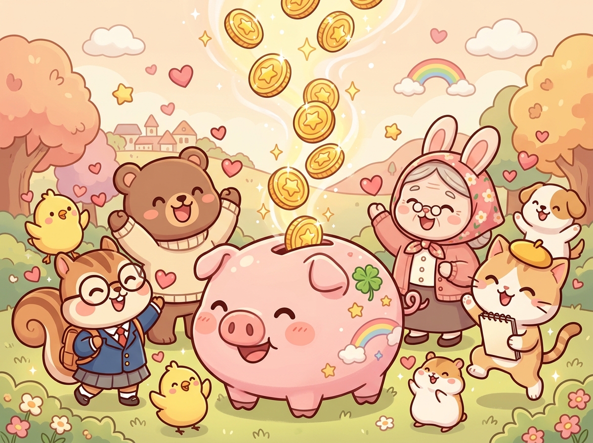 복권기금으로 모인 돈이 이웃을 돕는 모습을 표현한 귀여운 동물 캐릭터 일러스트