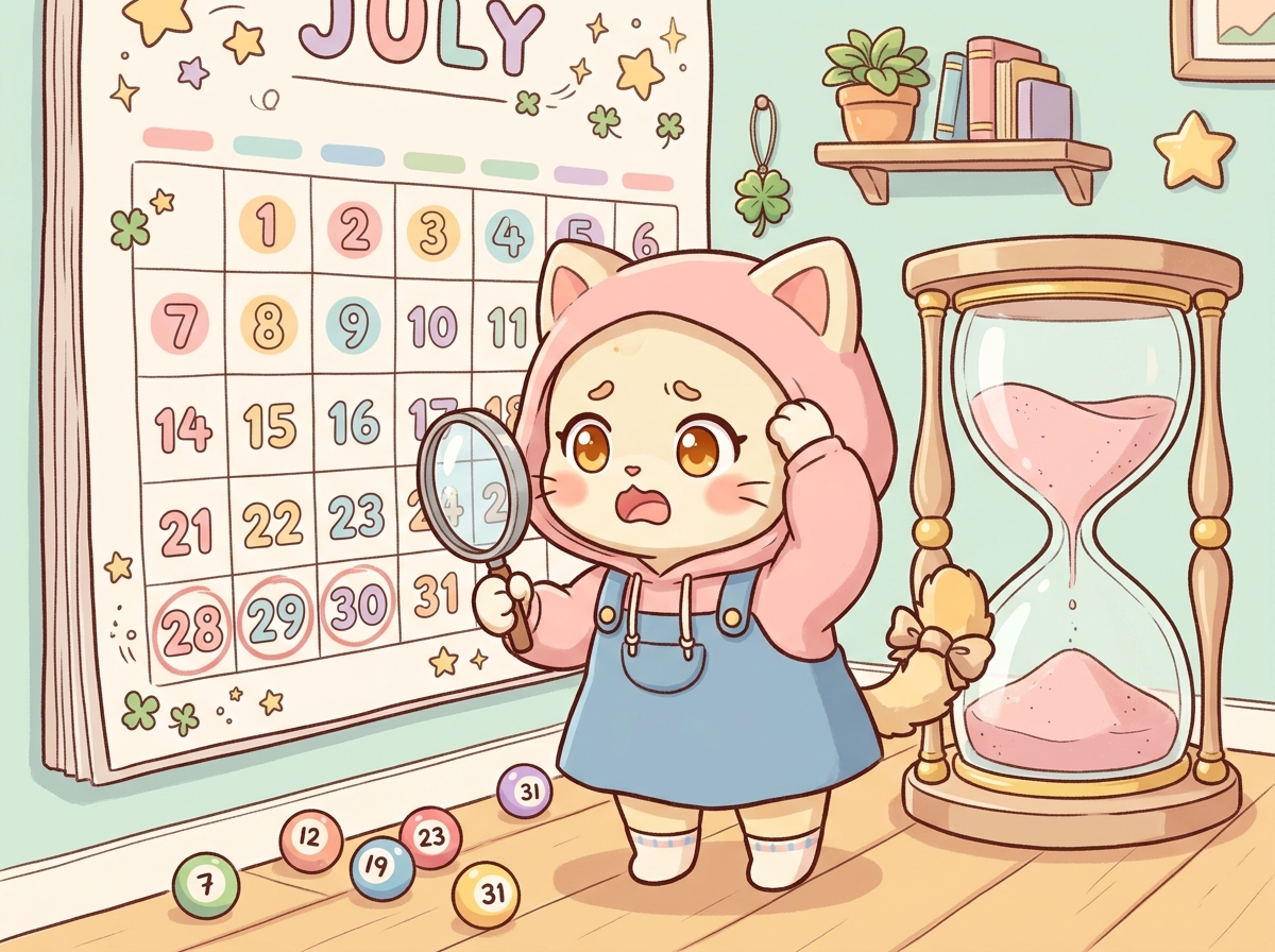달력을 보며 로또 소멸시효를 확인하는 귀여운 고양이 캐릭터