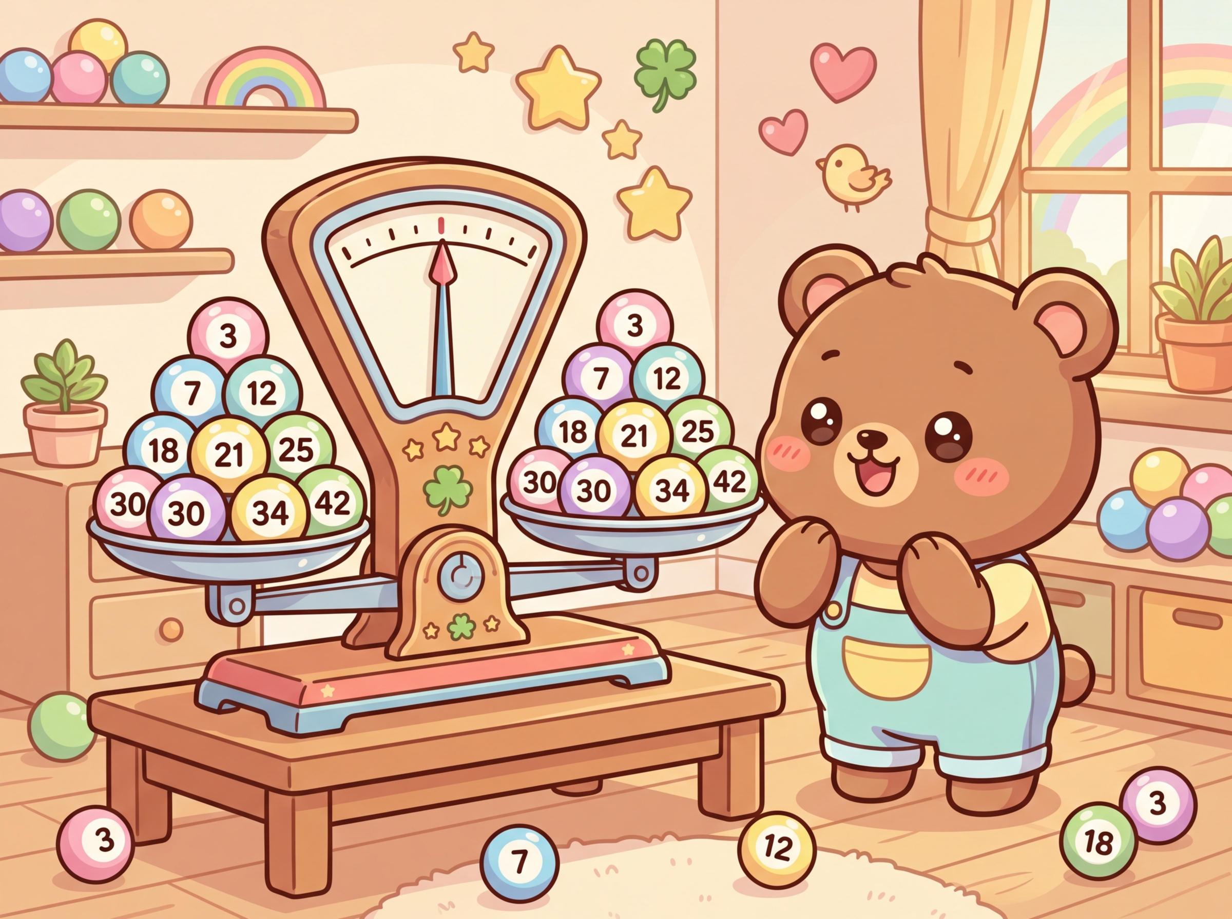 로또 번호 총합 저울의 균형을 맞추는 귀여운 곰돌이 캐릭터