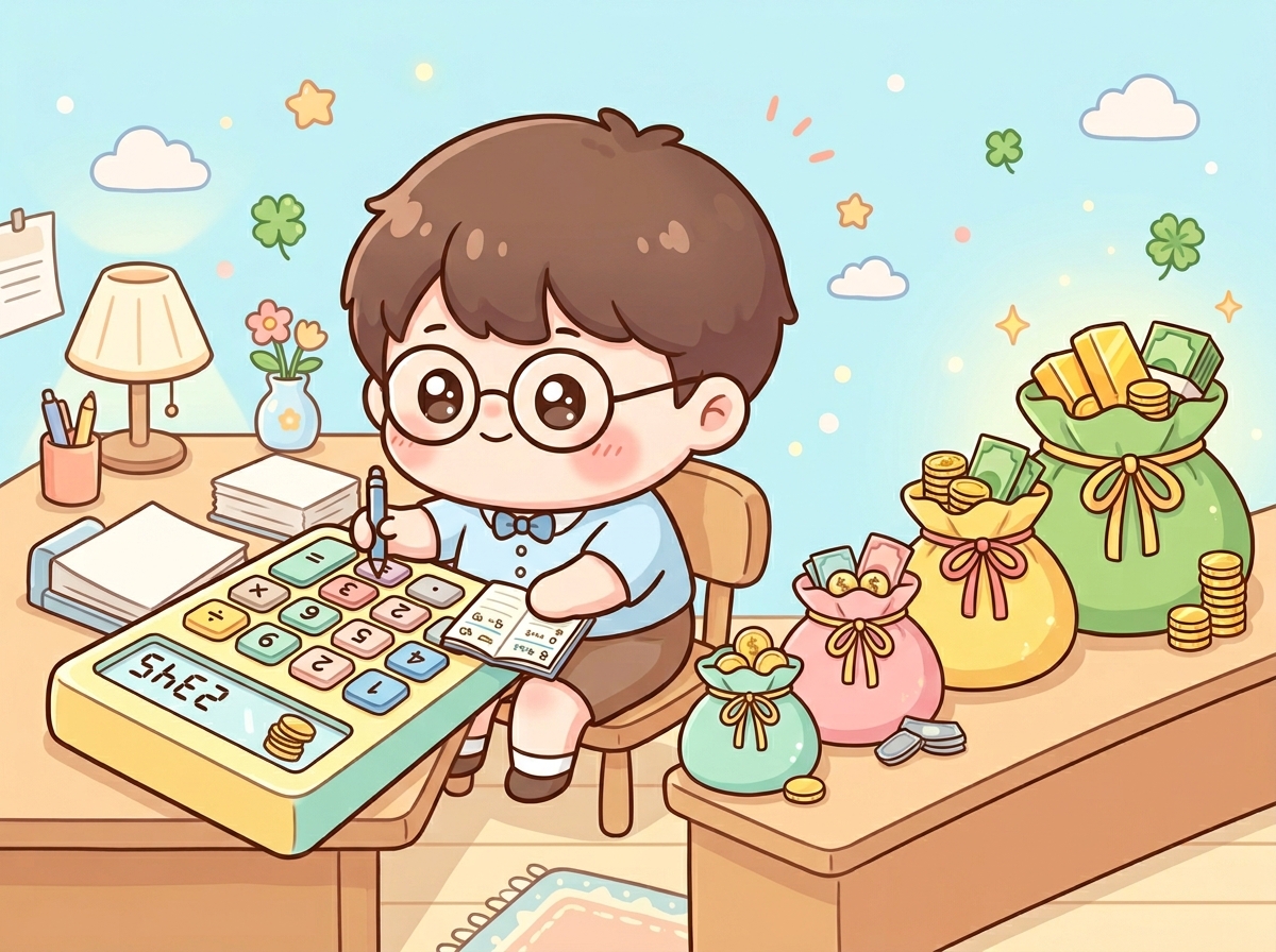 증여세 면제 한도를 계산하는 귀여운 캐릭터와 돈주머니