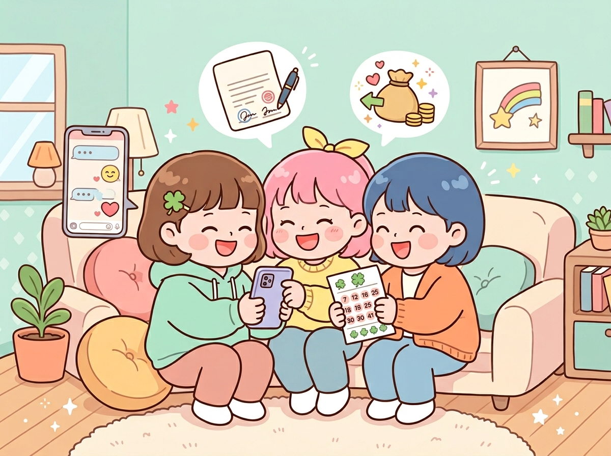 로또 공동구매를 위해 메신저로 대화하고 이체 내역을 증빙하는 캐릭터들