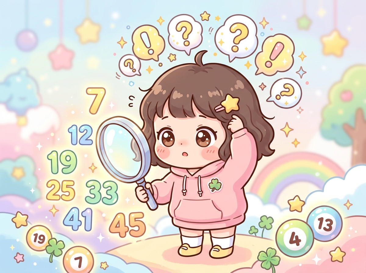 돋보기로 로또 번호를 신중하게 분석하는 귀여운 캐릭터