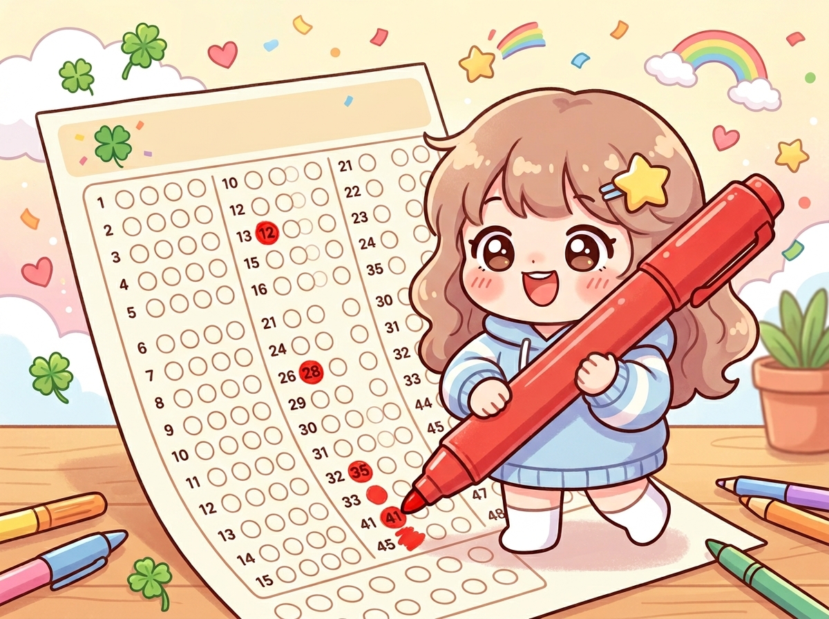 로또 용지에 반자동 번호를 신나게 마킹하는 캐릭터