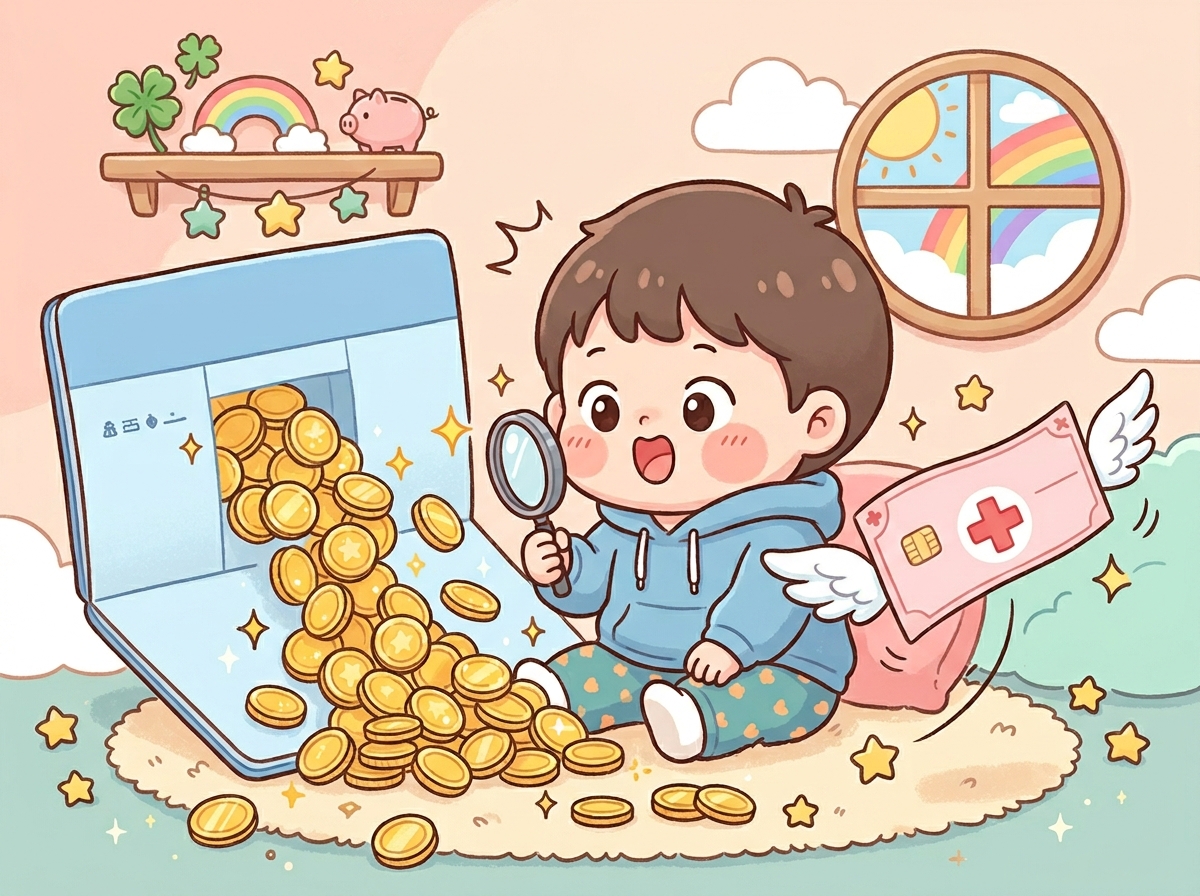 로또 당첨 후 이자 수익과 건강보험료 고지서를 확인하는 귀여운 캐릭터