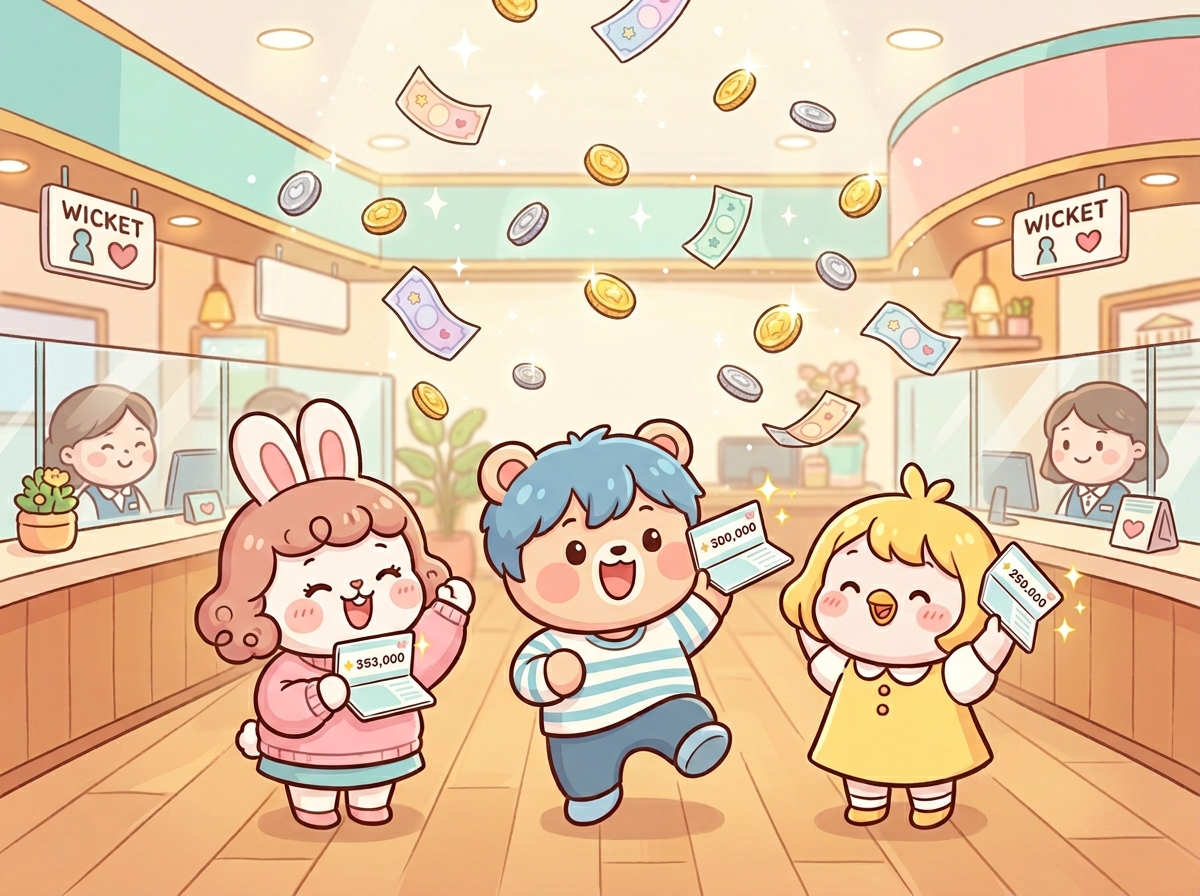 은행 창구에서 당첨금을 나누어 받는 귀여운 캐릭터 일러스트