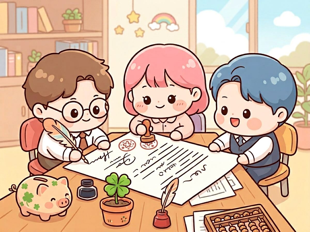 로또 공동구매 동업 계약서에 사인을 하는 귀여운 SD 캐릭터들