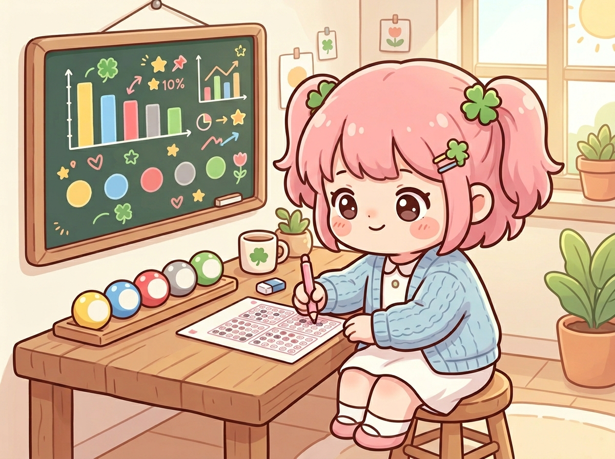 색깔 통계를 보며 로또 용지에 신중하게 번호를 마킹하는 캐릭터