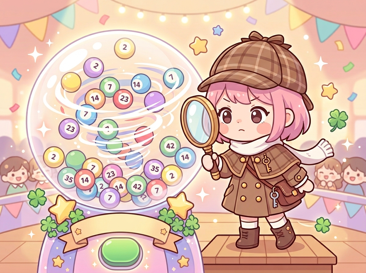 돋보기로 로또 기계 안의 공들을 관찰하는 귀여운 탐정 캐릭터