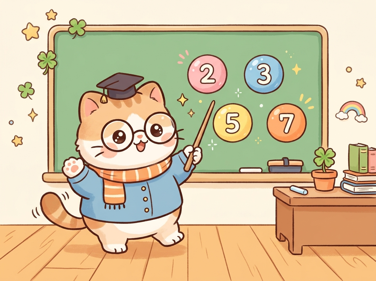 칠판 앞에서 로또 소수에 대해 설명하는 귀여운 고양이 캐릭터