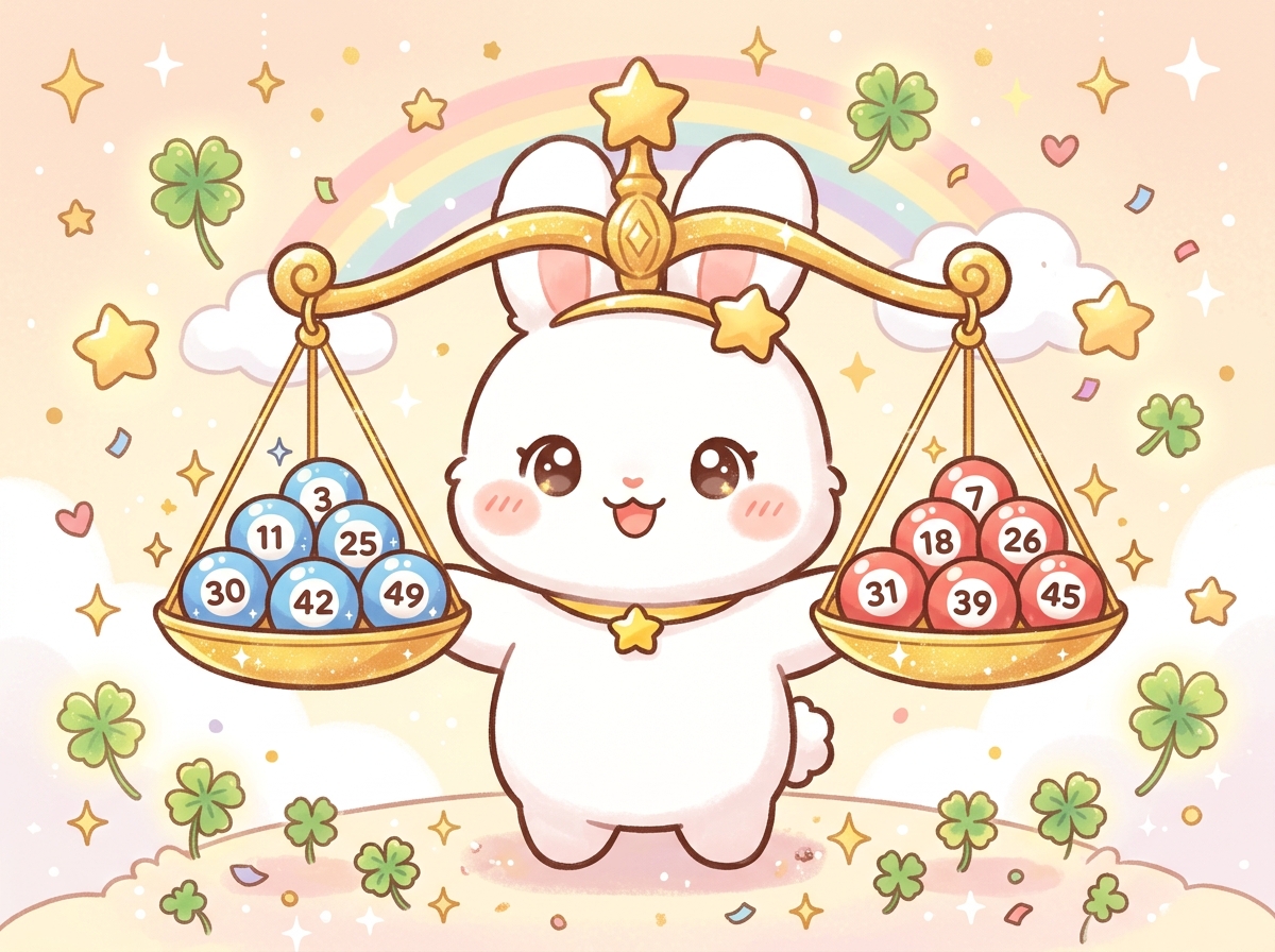 황금 저울로 로또 번호의 균형을 맞추는 귀여운 토끼 캐릭터