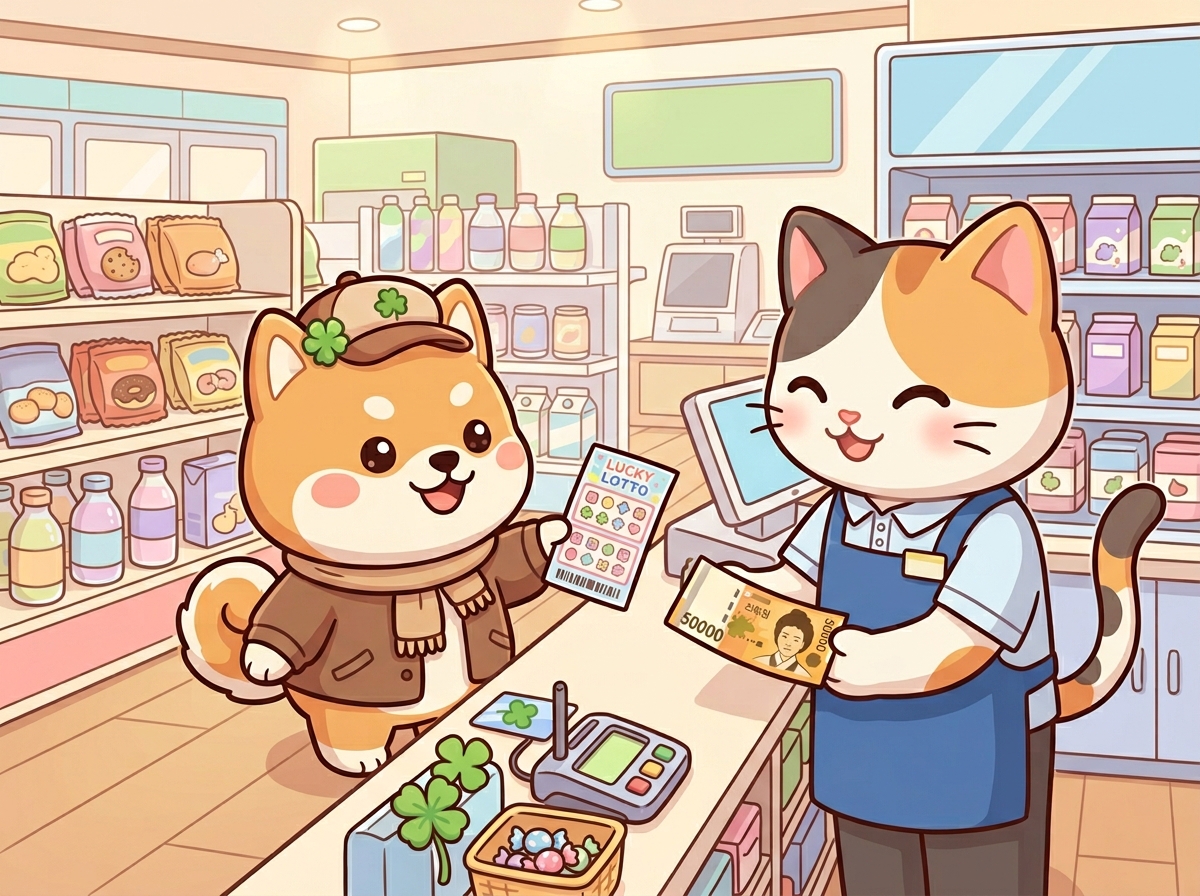 편의점에서 로또 당첨금 현금으로 교환하는 귀여운 강아지와 고양이 캐릭터