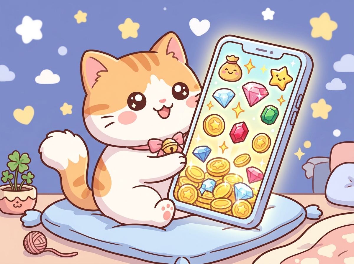 스마트폰으로 동행복권 예치금을 확인하며 기뻐하는 캐릭터