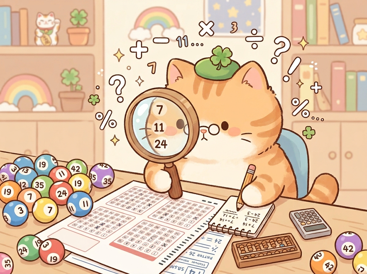 돋보기를 들고 로또 공과 통계를 확인하는 귀여운 고양이 일러스트