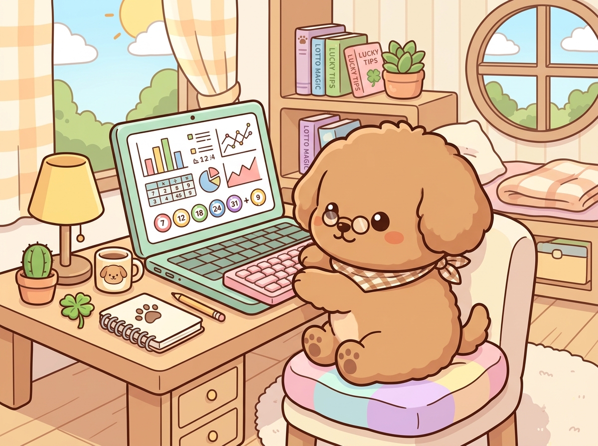 노트북으로 로또 데이터를 분석하는 귀여운 강아지 캐릭터 일러스트