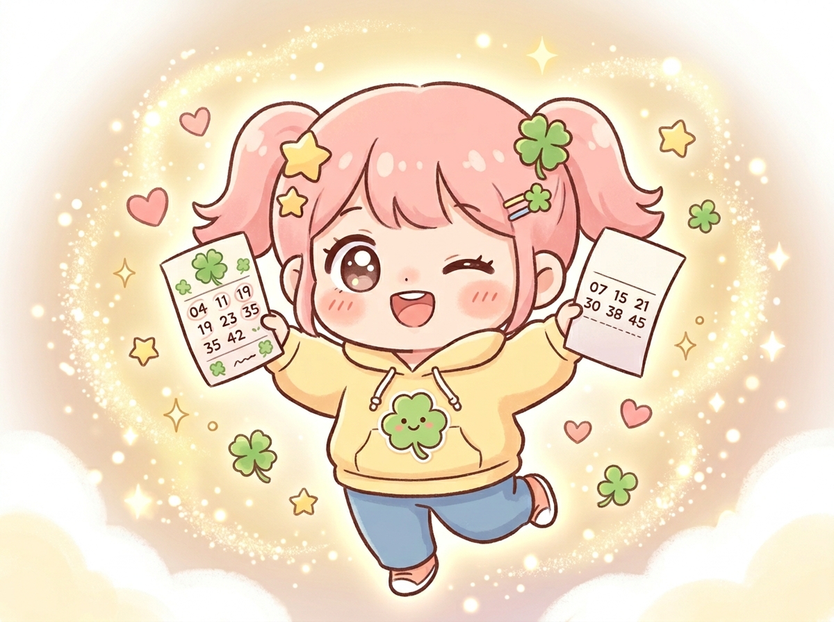 수동 로또와 자동 로또를 들고 기뻐하는 귀여운 캐릭터