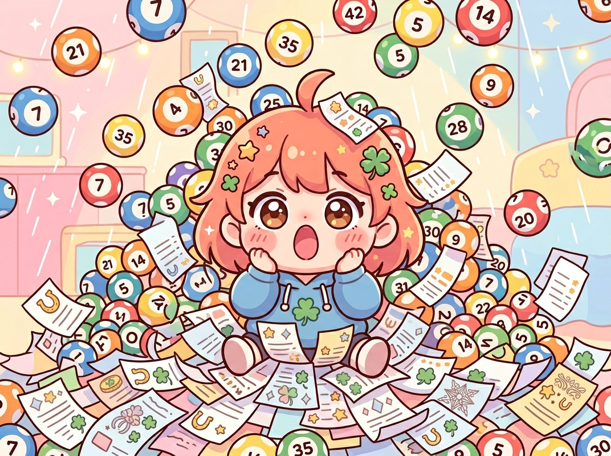 수많은 로또 영수증과 쏟아지는 로또 공에 놀라는 귀여운 캐릭터