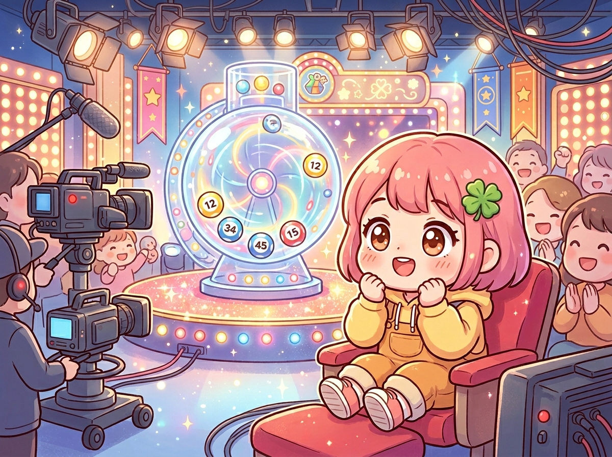방송국 스튜디오 방청석에서 로또 추첨기를 구경하는 귀여운 캐릭터