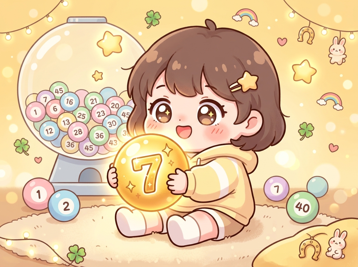 빛나는 로또 공 한 개를 소중히 고르는 귀여운 캐릭터