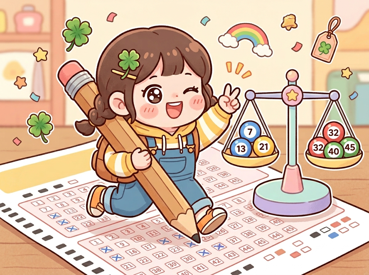 저울에 로또 공을 올려 황금 비율을 맞추는 귀여운 캐릭터