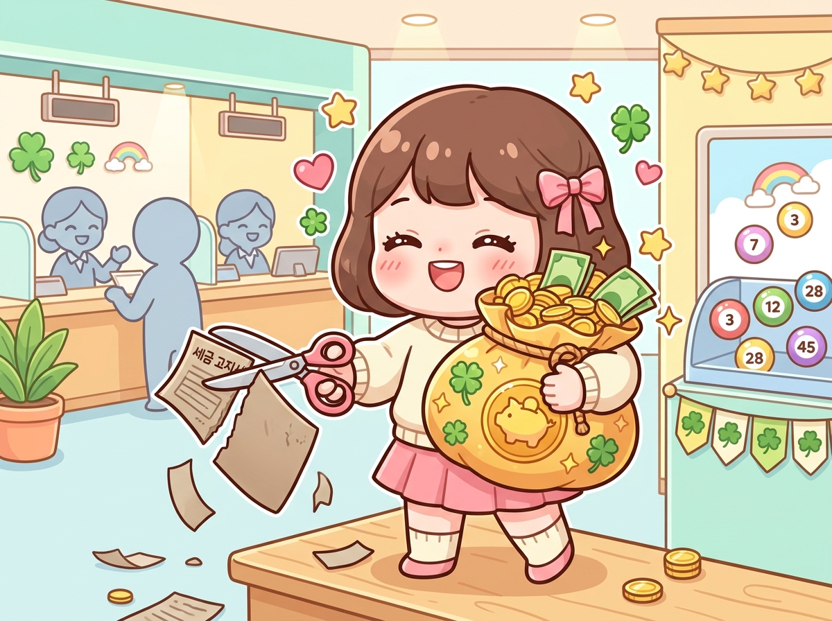 로또 당첨금에서 세금을 제외하고 실수령액을 안고 있는 귀여운 캐릭터