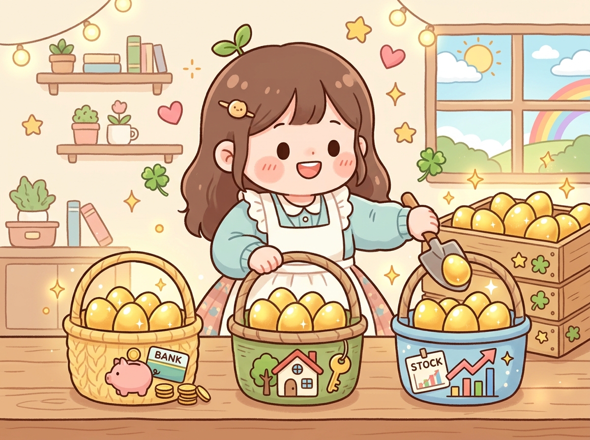 로또 당첨금을 예금 부동산 주식으로 분산 투자하는 귀여운 캐릭터