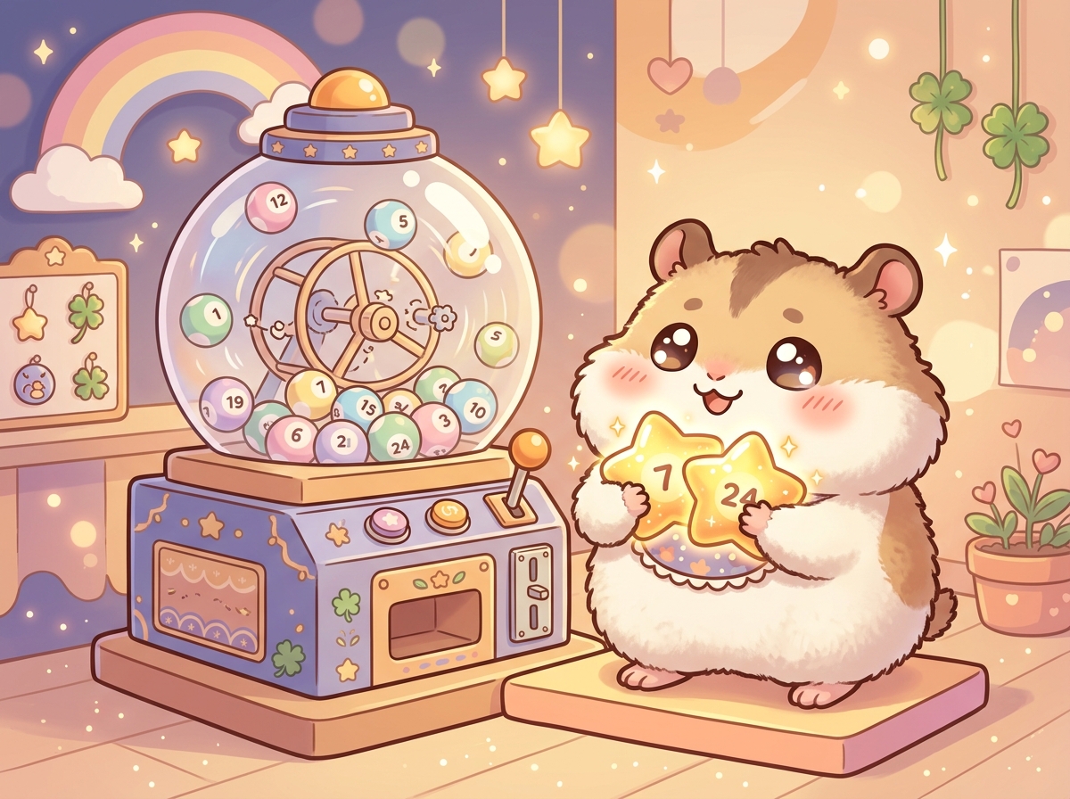 반자동 기계 앞에서 로또 고정수 두 개를 껴안고 있는 귀여운 햄스터 캐릭터