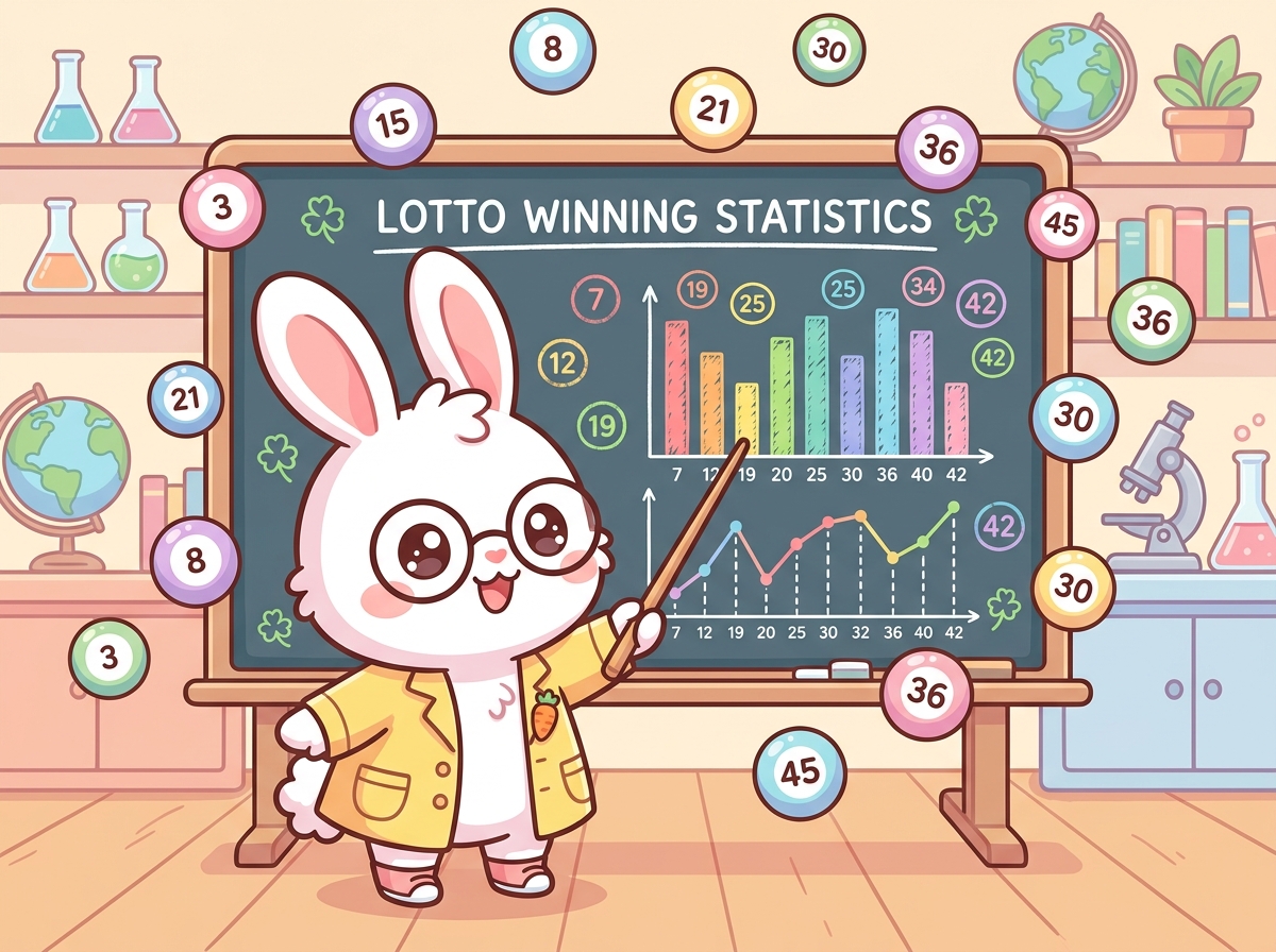 로또 번호 분석 통계를 칠판에서 설명하는 귀여운 토끼 캐릭터