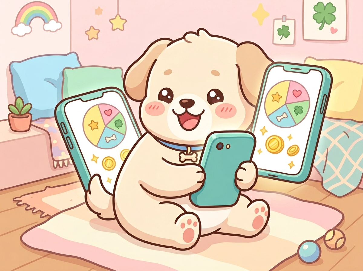 스마트폰으로 당첨 통계 그래프를 확인하는 귀여운 강아지 캐릭터