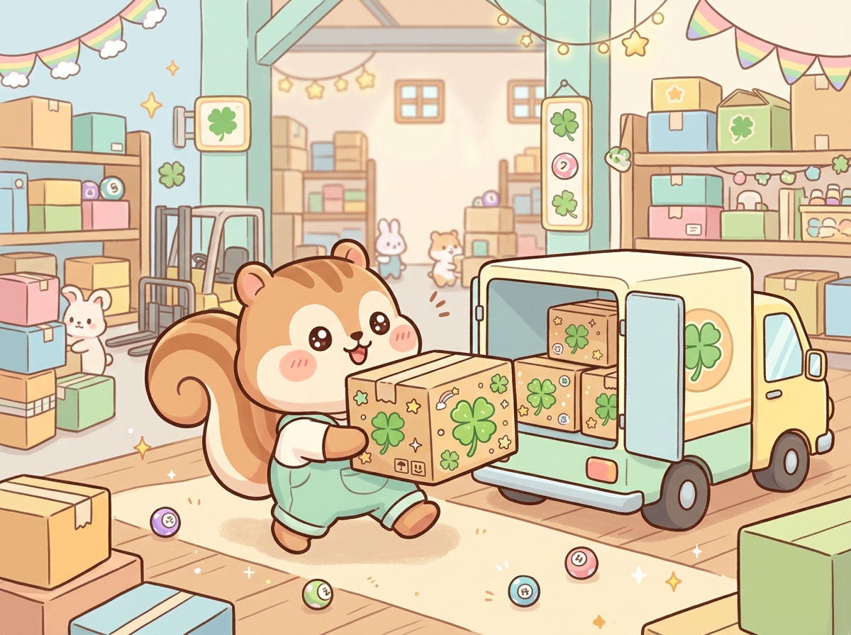 복권 상자를 트럭으로 옮기는 귀여운 다람쥐 캐릭터 (출고율 비유)