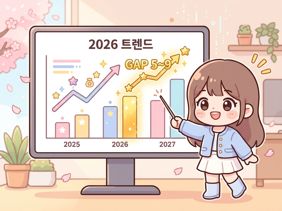2026년 로또 번호 갭 트렌드를 차트로 분석하는 귀여운 SD 캐릭터 일러스트 - 황금 갭 구간 5~9가 강조된 통계 그래프