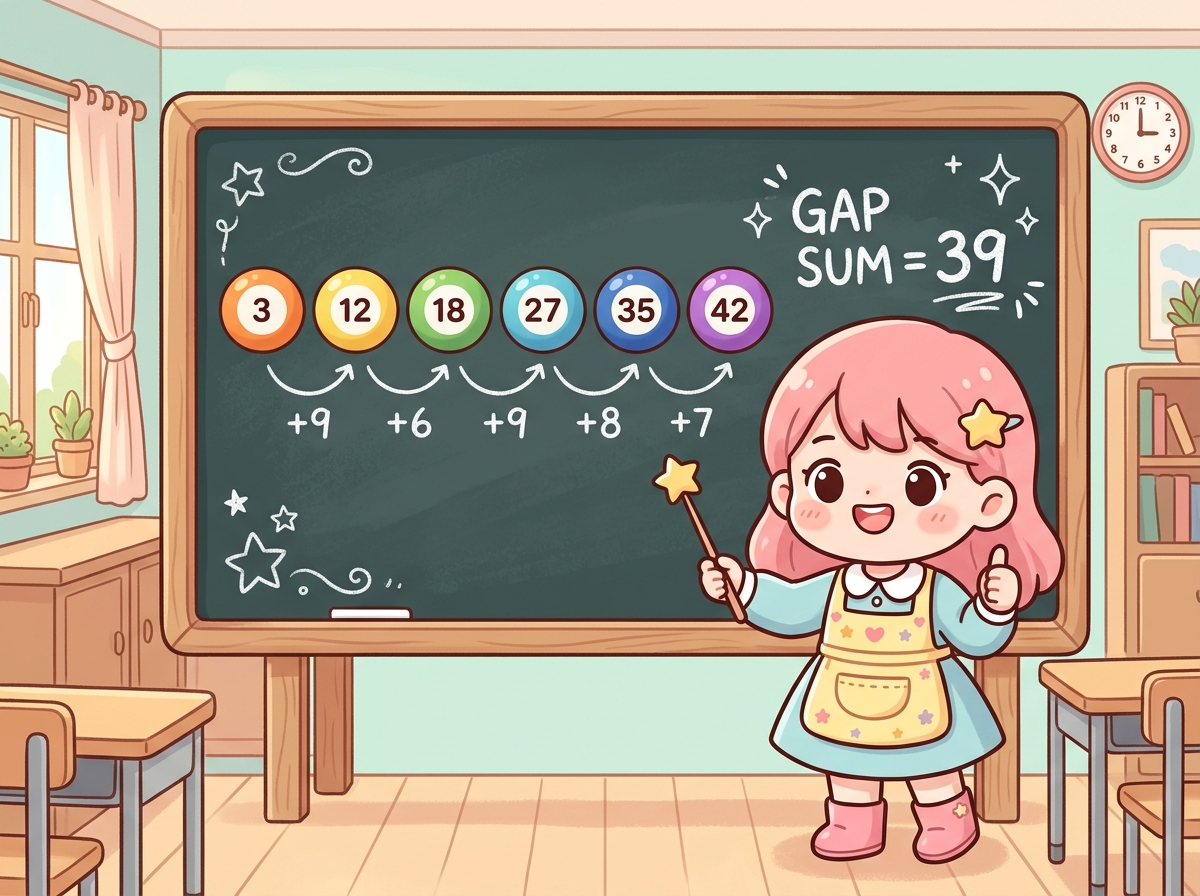 로또 번호 간격(갭) 계산 예시를 칠판에 설명하는 귀여운 SD 캐릭터 일러스트 - 번호 3, 12, 18, 27, 35, 42의 갭 값 시각화