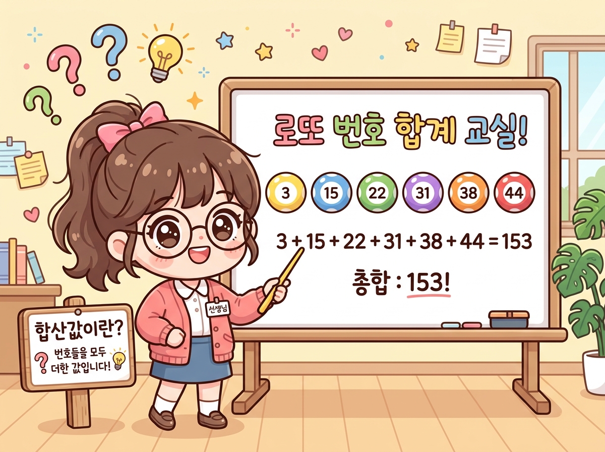 로또 번호 합산값 계산 방법을 화이트보드로 설명하는 귀여운 SD 캐릭터 일러스트