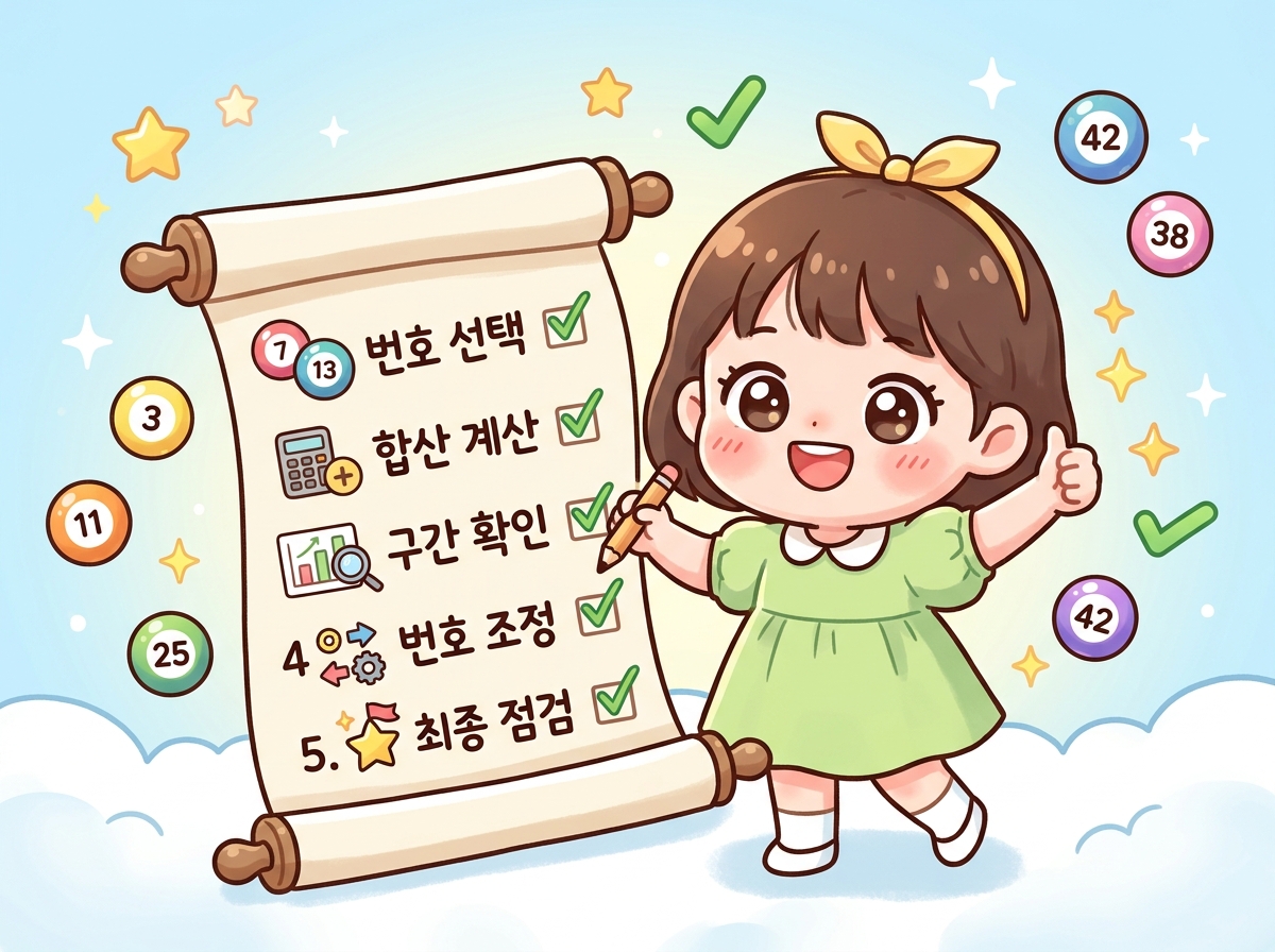 로또 합산값 필터링 5단계 체크리스트를 보여주는 귀여운 SD 캐릭터 일러스트