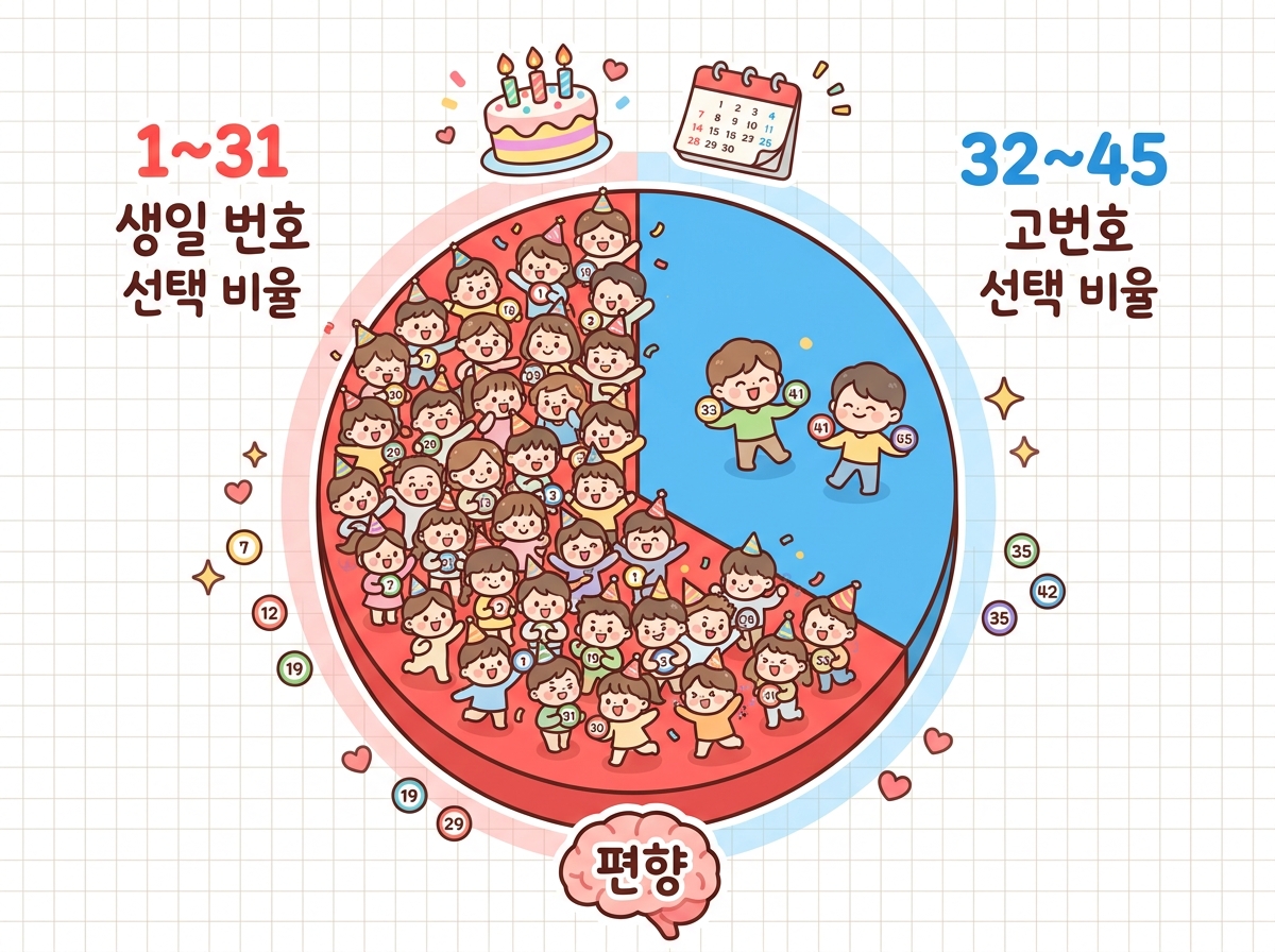 로또 수동 구매자의 생일 번호 편향을 보여주는 인포그래픽 - 1~31 구간에 70% 이상 집중