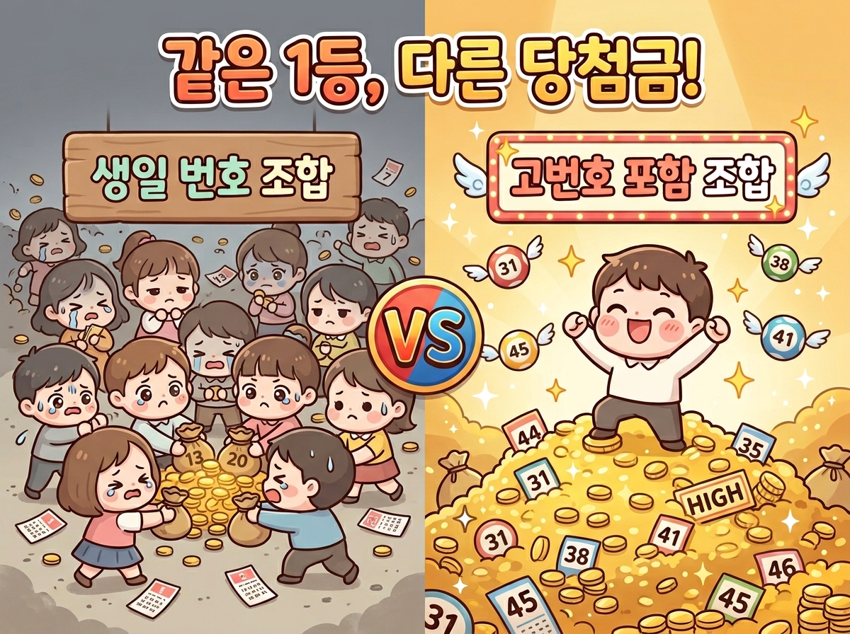 생일 번호 조합과 고번호 포함 조합의 당첨금 분할 차이를 비교하는 일러스트
